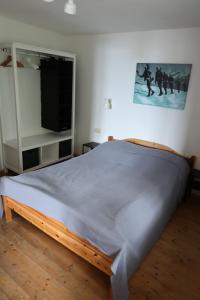 Retro Apartment Kitzbühel في كتسبويل: غرفة نوم بسرير وتلفزيون بشاشة مسطحة