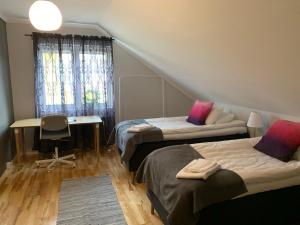 Habitación con 2 camas, escritorio y ventana. en Uppsala Lägenhetshotell en Uppsala