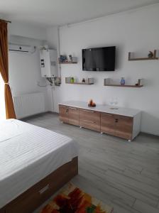 a bedroom with a bed and a tv on the wall at Beach Residence 10 metri pana la plaja in Năvodari