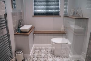 a white bathroom with a toilet and a sink at Riverbank Cottage in Ironbridge