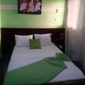 - un lit avec une couverture verte dans l'établissement LE MILAN ( appartements et chambres meublés ), à Douala