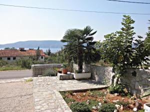 a garden with two palm trees and a street at Apartments Pine Diver in Pinezici