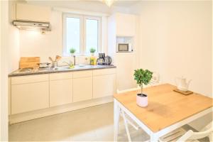 a kitchen with a table and a sink and a counter at Penth A Apartment in Heart of Antwerp in Antwerp
