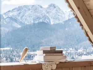 a stack of books sitting on a window sill with a mountain at Wierchowa Chata in Kościelisko