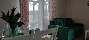 salon z zieloną kanapą i oknem w obiekcie Roztocze Domek Letniskowy w mieście Blizów