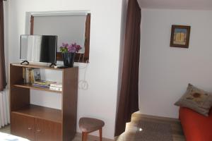センテンドレにあるErika Vendégházのテレビ、椅子、鏡が備わる客室です。