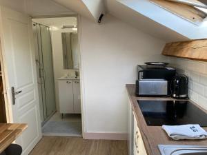 a small kitchen with a sink and a microwave at Studio proche Orleans centre in Saint-Jean-le-Blanc