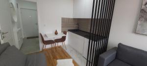 eine kleine Küche mit einem Waschbecken und einem Tisch in der Unterkunft RELAX LUX studio in Jagodina