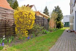 un jardín con una valla de madera y flores púrpuras en DEB 041 Ferienwohnung am Kurpark A, en Altefähr