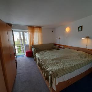 ein Schlafzimmer mit einem Bett und einer Couch in der Unterkunft Apartamente Casa Cristina in Pensiune la 400m de Pârtia de ski in Buşteni