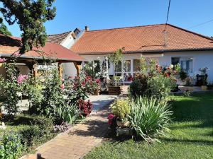 a house with a garden with flowers in the yard at Elizabeth Apartman in Tokaj