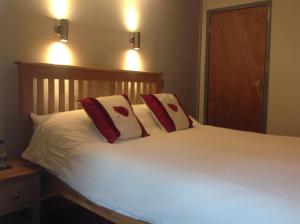 a bedroom with a white bed with red pillows at Afon Duad Inn and Dolau Cottage in Cwm-Duad