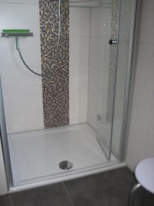una doccia con porta in vetro in bagno di Ferienwohnung "Lindenblick" a Gablenz