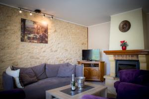 a living room with a couch and a fireplace at Les Magnolias holiday homes in Lalinde