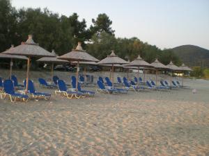 un grupo de sillas y sombrillas en una playa en Eleni Rooms Develiki, en Ierissos