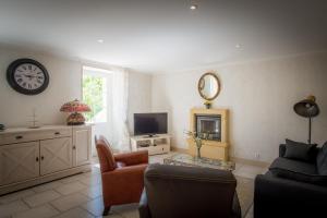 ein Wohnzimmer mit einem Sessel und einem TV in der Unterkunft Les Magnolias in Lalinde