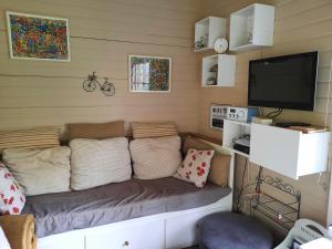 ein Sofa in einem Zimmer mit einem TV und einem TV in der Unterkunft Scottish Wood Lodge in Ypern