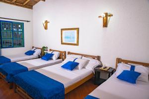 3 Betten in einem blau-weißen Zimmer in der Unterkunft Finca Hotel El Sendero del Quindío in Calarcá