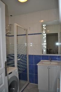 a bathroom with a washing machine and a sink at L'HIRONDELLE in Saint-Laurent-de-Mure