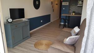 ein Wohnzimmer mit Sofa und Fernseher in der Unterkunft JOLI STUDIO 50M DE LA MER in Valras-Plage