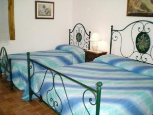 a bedroom with two beds with blue and white sheets at Casa Vacanze Miravalle in Minucciano