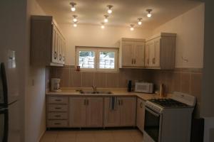 a kitchen with wooden cabinets and a sink and a stove at Apartamentos y Villas Michaela in Sosúa