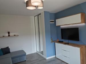 a living room with a tv and a blue wall at Apartament Na Wzgórzu in Duszniki Zdrój