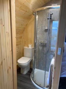 a bathroom with a toilet and a shower in a cabin at Mallaig Glamping Pods in Mallaig