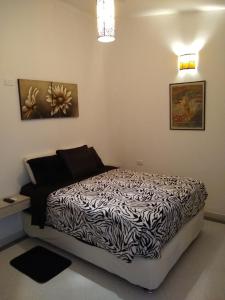 a bedroom with a black and white comforter on a bed at La Habitación Perfecta in Barranquilla