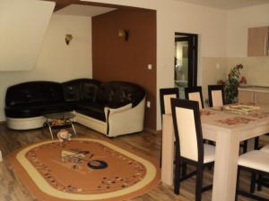 a living room with a black couch and a table at Cabana Suvenirurilor in Scărişoara