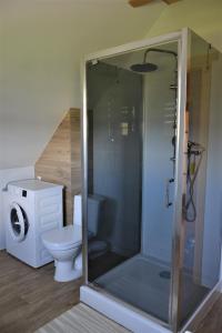 a bathroom with a toilet and a glass shower at DOMY POD WIERZBĄ - KASINA WIELKA in Kasina Wielka