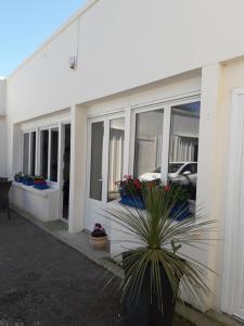 a white building with windows and a potted plant at Gite 2 personnes in Plonévez-Porzay