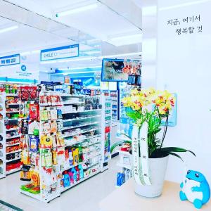 a grocery store aisle with a flower in a vase at Raemian in Chungju