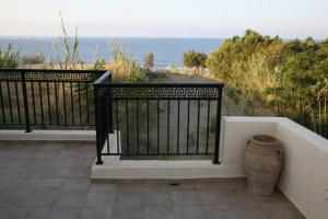 a balcony with a black fence and a vase at Akti Damnoni in Damnoni