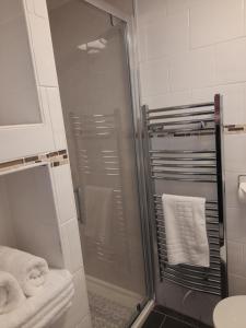 a shower with a glass door in a bathroom at The Raven Inn in Ruthin