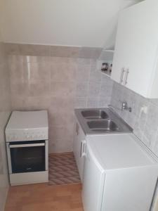 uma pequena cozinha com um lavatório e um fogão em Apartment Gvozdenac em Šipovo