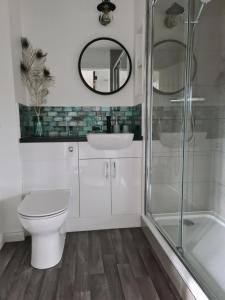 een badkamer met een toilet, een wastafel en een douche bij EDEN Apartment, Oban in Oban