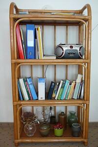 ein Bücherregal mit Büchern und einem Radio darauf in der Unterkunft Ferienwohnung am Krippenhof in Baden-Baden