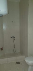 a white bathroom with a shower and a toilet at Becici rooms in Becici
