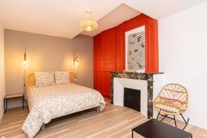 1 dormitorio con 1 cama y chimenea en JUNGLE - T2 CENTRE HISTORIQUE, en Agen