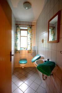 ein Bad mit einem Waschbecken, einem WC und einem Fenster in der Unterkunft Landhof Fischer in Geiersthal