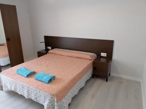 ein Schlafzimmer mit 2 Betten und blauen Handtüchern darauf in der Unterkunft Apartseu in La Seu d'Urgell