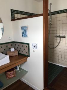 a bathroom with a shower and a sink at Péniche DJEBELLE in Bayonne
