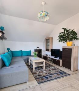 een woonkamer met een bank en een tafel bij Rodzinny Apartament na Kaszubach in Brusy