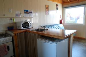 a small kitchen with a sink and a microwave at Apart Hotel Curahue in Junín de los Andes