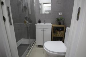 a bathroom with a shower and a toilet and a sink at Antique, Amazing double room in Marques de Pombal with shared Bathroom in Lisbon