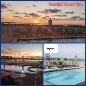 uma colagem de fotografias de um resort com uma piscina e o pôr-do-sol em Blue Bay Inn and Suites em South Padre Island