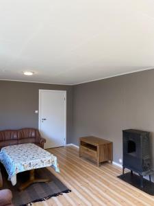 Aurland Feriehus في أرلاند: غرفة معيشة مع أريكة وموقد