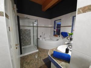 a bathroom with a tub and a sink and a shower at Storchennest in Dresden