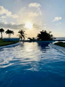 a swimming pool with palm trees and the ocean at Relax On The Caribbean in Río San Juan